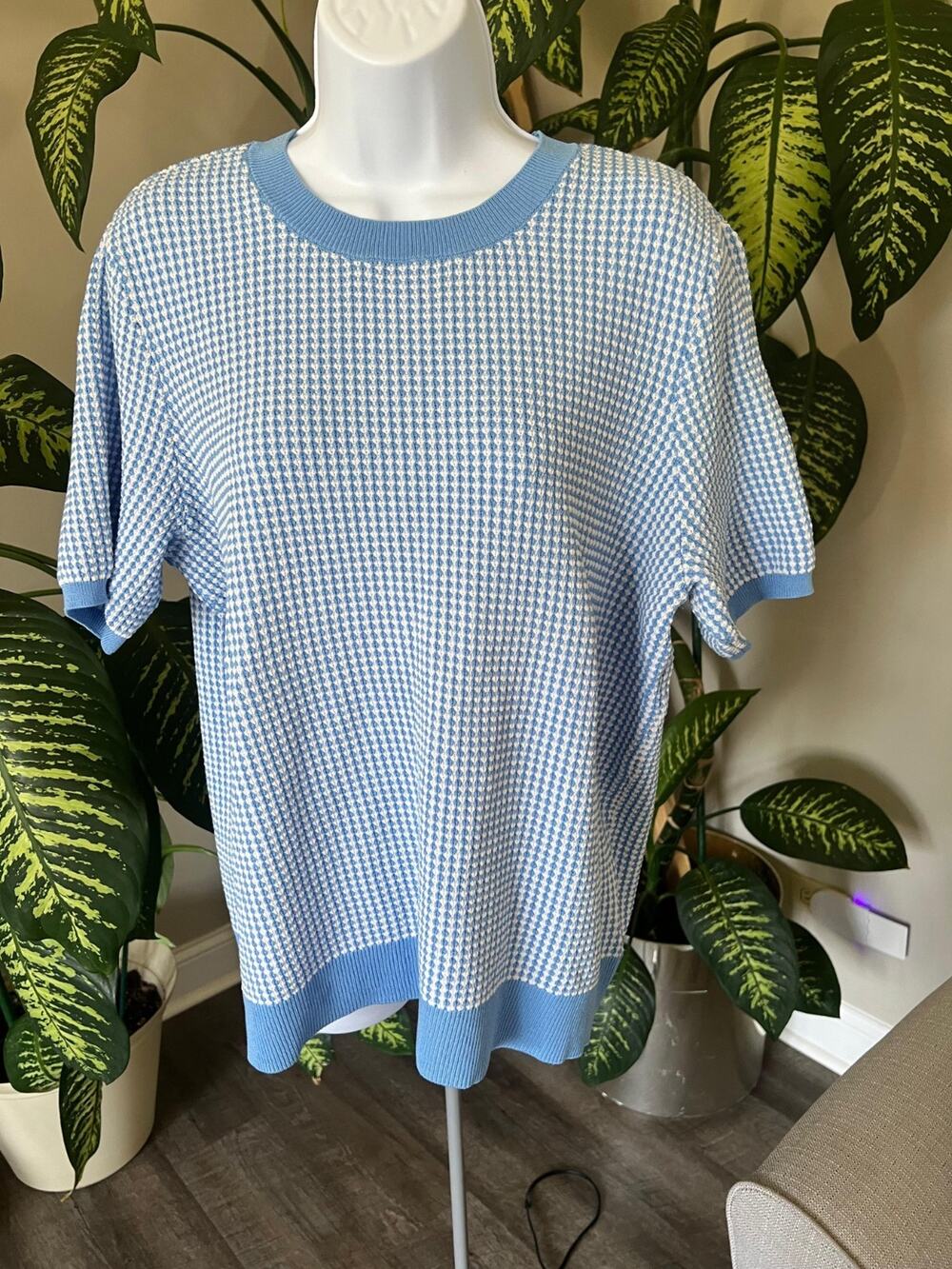 Anne Klein Blue White Houndstooth Knit Short Sleeve Sweater Women's Size XL #605
